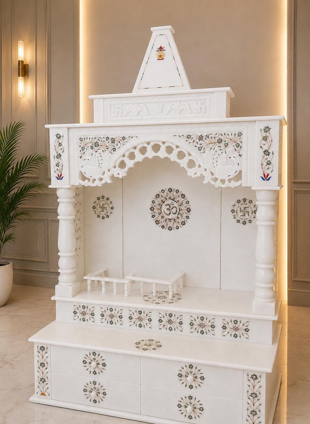 Design inspiration: luxury white marble mandir with shikhar, carved arch, inlay work and drawers