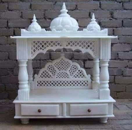 Compact marble mandir with domes, jali back panel and two drawers