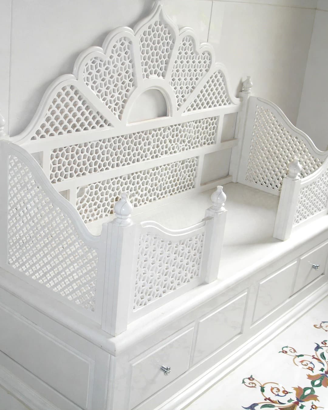 Marble jali mandir on a drawer base